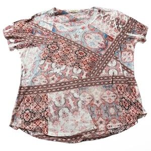 One World Short-Sleeve Top Women’s 3x Pink White Blue Bling Paisley Polyester